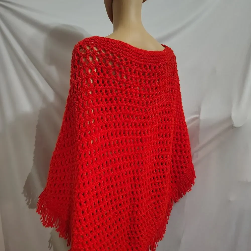 70s Crochet Poncho Red Fringe Boho Festivals Caplet Grannycore Cottagecore Knit